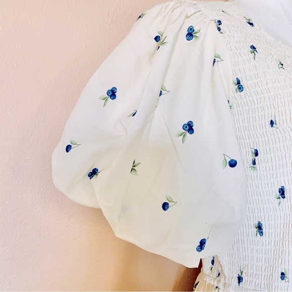 NoliaBae Ivory Lace Smocked Blueberry Print Maxi Dress with Puff Sleeves. - Picture 5 of 12